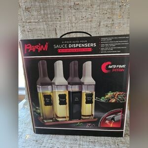 Parini Auto Pour Sauce Dispensers Set Of 4 Of Wood Tray New In Box